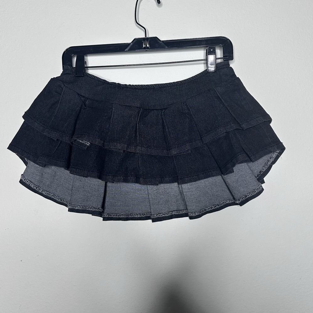 VTG Y2K Micro Mini Skirt Ruffle Tiered‎ Dark Wash Size S/M Stretch Waist